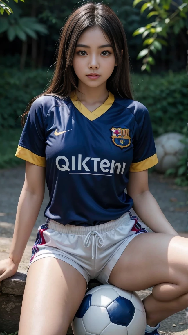 A beautiful Himalayan girl wearing Fc Barcelona jersey and long shorts with soccer ball in hand,cutecore, beautiful eyes, thick thighs, gorgeous body,sexy, ,4k, ultra detailed, realistic image 