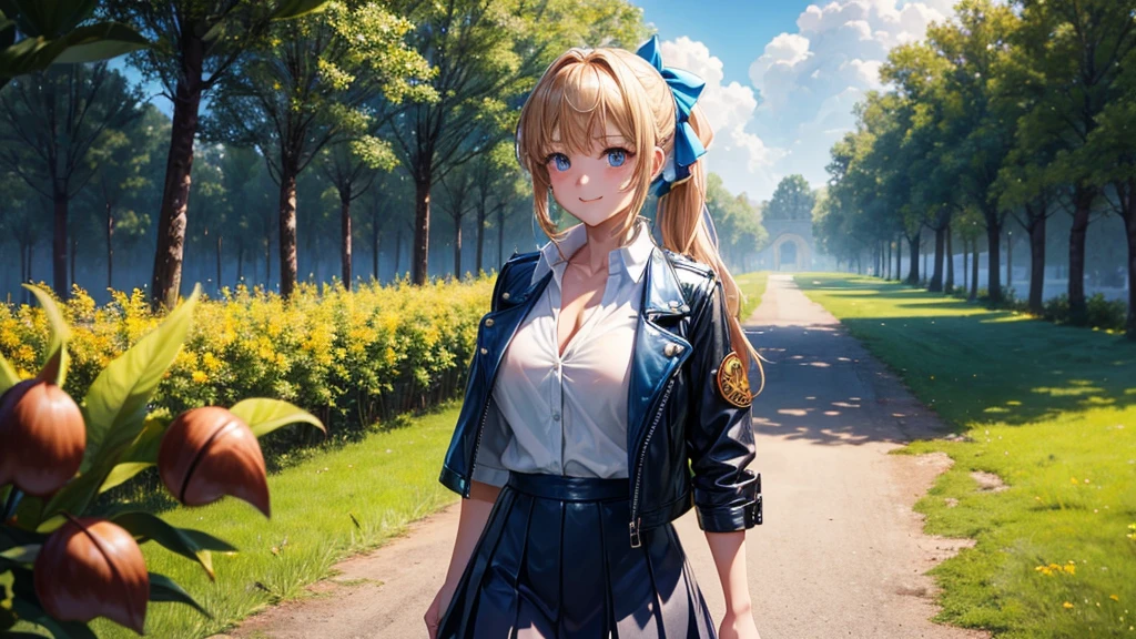 1girl, solo, full body, summer, village, trees, sun, clouds, fantasy, ((chestnut hair)), ponytail, big full breasts, ((opened blue leather jacket)), button down shirt, ((white shirt)), ((short sleeved shirt)), ((unbuttoned shirt)), unbuttoning buttons, cleavage 1:3, blue eyes, skirt, smile, looking at the viewer, standing, hair ribbon, golden necklate