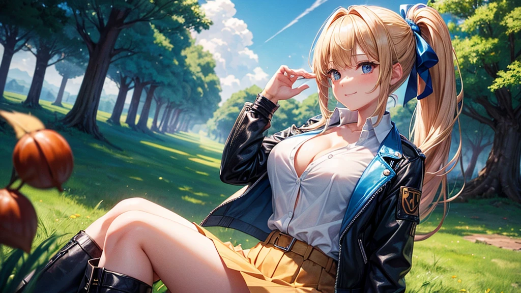 1girl, solo, full body, summer, village, trees, sun, clouds, fantasy, ((chestnut hair)), ponytail, big full , ((opened blue leather jacket)), button shirt, ((white shirt)), ((short sleeved shirt)), ((unbuttoned shirt)), unbuttoning buttons, clge 1:3, b, skirt, smile, looking at the viewer, standing, hair ribbon, golden necklate