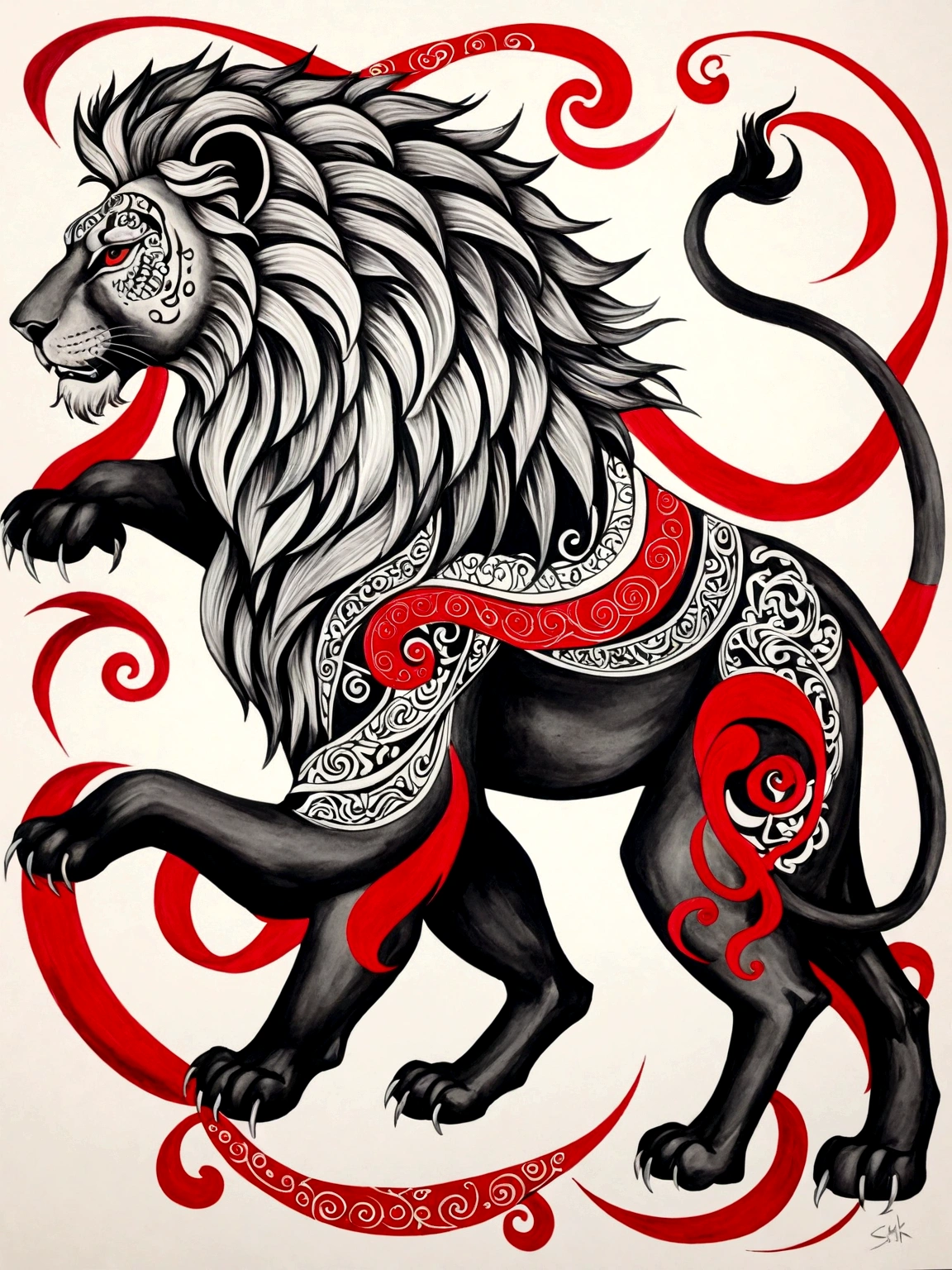 An op-art illustration of the amulet UR, depicted as a lion, designed as a black and white tattoo with red accent elements. The lion is shown in a powerful and majestic stance, with intricate details highlighting its mane, muscular form, and fierce expression. Traditional Mesopotamian patterns and cuneiform inscriptions are integrated into the lion's body, emphasizing its role as a symbol of courage and protection. The background includes elements such as stylized waves and geometric patterns, adding depth and context to the design. The overall design is in black and white, with deep blacks and bold contrasts, while red accents are used to highlight key elements such as the cuneiform symbols and specific parts of the lion's body. The composition follows the golden ratio, ensuring a balanced and harmonious depiction of the powerful and protective amulet, creating a striking and bold yet elegant tattoo design. black and red ink design on the white paper . NO hands, no bodies.