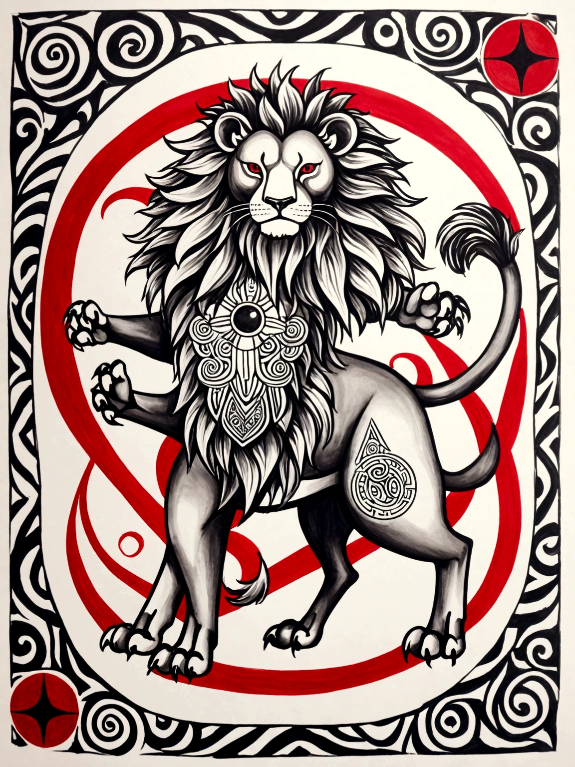 An op-art illustration of the amulet UR, depicted as a lion, designed as a black and white tattoo with red accent elements. The lion is shown in a powerful and majestic stance, with intricate details highlighting its mane, muscular form, and fierce expression. Traditional Mesopotamian patterns and cuneiform inscriptions are integrated into the lion's body, emphasizing its role as a symbol of courage and protection. The background includes elements such as stylized waves and geometric patterns, adding depth and context to the design. The overall design is in black and white, with deep blacks and bold contrasts, while red accents are used to highlight key elements such as the cuneiform symbols and specific parts of the lion's body. The composition follows the golden ratio, ensuring a balanced and harmonious depiction of the powerful and protective amulet, creating a striking and bold yet elegant tattoo design. black and red ink design on the white paper . NO hands, no bodies.