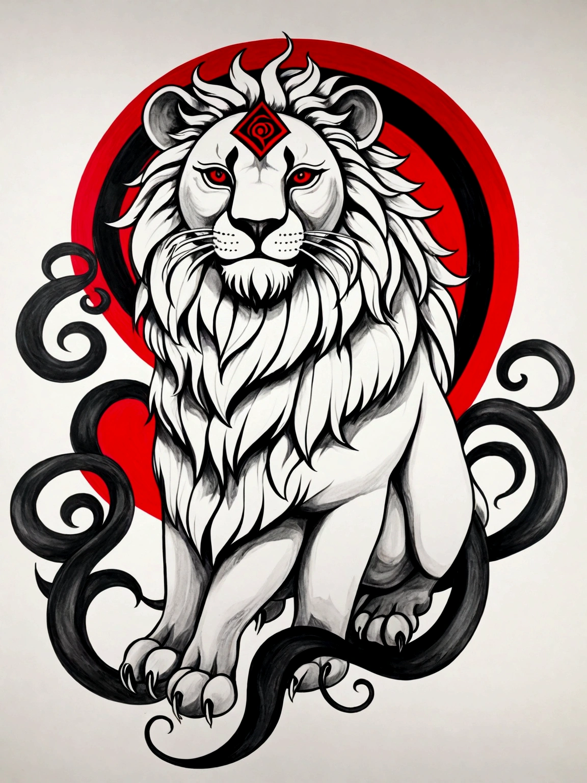 An op-art illustration of the amulet UR, depicted as a lion, designed as a black and white tattoo with red accent elements. The lion is shown in a powerful and majestic stance, with intricate details highlighting its mane, muscular form, and fierce expression. Traditional Mesopotamian patterns and cuneiform inscriptions are integrated into the lion's body, emphasizing its role as a symbol of courage and protection. The background includes elements such as stylized waves and geometric patterns, adding depth and context to the design. The overall design is in black and white, with deep blacks and bold contrasts, while red accents are used to highlight key elements such as the cuneiform symbols and specific parts of the lion's body. The composition follows the golden ratio, ensuring a balanced and harmonious depiction of the powerful and protective amulet, creating a striking and bold yet elegant tattoo design. black and red ink design on the white paper . NO hands, no bodies.