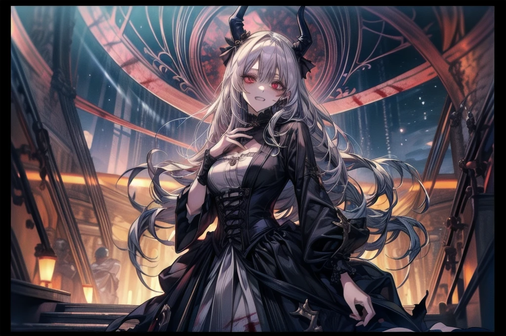 Highest quality, Highest quality, 16K, Unbelievably absurd, Very detailed, 2.5D, delicate and dynamic, spooky night, Small faint lights and flying fireflies, night, lightning, One, Poisonous spiders, Very delicate facial expressions, 繊細なeyeの描写, Upper body close-up, erotic,, sole beautiful sexy lady, 22-year-old woman, Height: 170cm, Big companies go bankrupt, Complex wedding dress structure, Bloodまみれのface, anger, Fight, 太い木の枝が私のwhole bodyを絡めとる, mouthから炎を投げる, Throwing fire at trees、Crazy Smile, 狂ったeye, A cute and luxurious hair band,(masterpiece:1.2, Highest quality), (Actual Photos, Intricate details), Scary atmosphere、Distorted facial expressions、Horror Art、Bloodの雨、Bloodを流す、Bloodしぶき、悪魔のeye、redいeye、scar、、火scar、whole body、Torn hair of a woman dressed in slave clothing、(Long Hair)、(eyeにかかる長さの前髪)、Black Hair、(((eyeの下のクマ)))、青白いskin、Feeling unwell、Pathological、邪悪な笑face、狂ったeye、(Grin)Dramatic makeup,Create mixed media art、,Horror 1 Girl, Open_mouth, , red_eye, Blood, Tilt_red_skin, Injury, Blood_in addition_face, Bandaged_arm, Blood_in addition_zombie, Blood_in addition_hand , Open your eyelids wide, The trend is all, mouthを大きくOpen, mouthを開けてteethをむき出しにする,獣のような鋭いteeth, Wide lips, 非常に広いmouth, Vermilion cheeks, blonde, Princess Cut, Ribbon hair ornament, brooch, Otaku Room, Well-built body, Nice body, Ample breasts, Thick body,eyeを大きく開いて、Scary atmosphere、Distorted facial expressions、ねじれた笑face、Bloodまみれの、頭からの出Blood、Bloodしぶき、whole body、Long Hair、Long bangs、Well-built,Broad shoulders,I focus,(face),Messy Hair,いeye,(光るeye),(Bloodしぶき:1.6),red信号,笑face,big 笑face,teeth,psycho 笑face,gesugao,Dark city background,darkness,night,(close),良いeye, 良いteeth,サディスティックな笑face,,all,光沢のあるskin,詳細なface,Beautiful body, whole bodyから湯気が出ている Steam like a sauna room fills the screen... mouthからの白い息 Luxurious lace long gloves