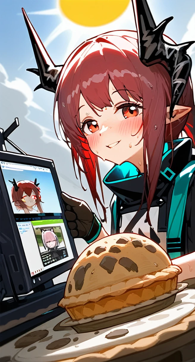 score_9,score_8_above,score_7_above,1 girl,mud rock (arknights),dirty,pies,gloves,hull,horns,sunes,Red eyes,barefoot,pointy ears,old,suno,wide,by white,black gloves,toes,hull de seguridad,Foot focus,looking at the viewer,session,sweat,Chapped lips,dirty pies,tenure,outdoor,sky,hits,oripathy lesion (arknights),day,SMILE,blush,demon horns,infection monitor (arknights),foreshortening,sun,