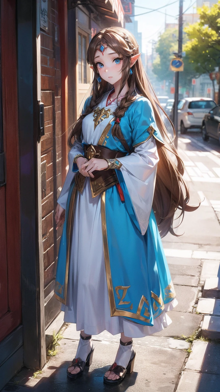 Full body photo of Princess Zelda, Brown hair, blue eyes, Dress up as《Assassin's Creed》The Assassin, White+gold,配White面具和gold细节的头巾, XL Bust, Use wrist blade. background: Renaissance City. Unreal Engine 5, Japanese cartoons, Japanese cartoons style, masterpiece, Well drawn eyes, Very well drawn face, Very detailed eyes, The face is rich in detail, 8K, Light and shadow effects.