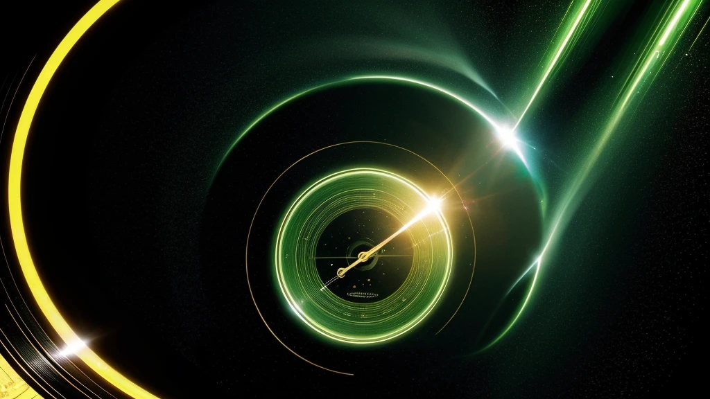 Poster Style,Brighter green background,Vinyl record combined with clock,Half record, half clock,Reflecting the sense of time travel,Golden text effect for English title on the right,There is a halo of light around the record similar to a black hole,Extremely high definition picture quality,quality,Real texture,Sci-fi style,A little bit of starry sky elements