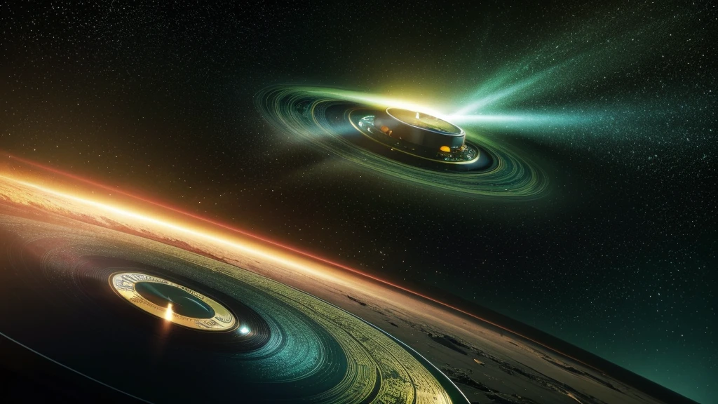 Poster Style,Brighter green background,Vinyl record combined with clock,Half record, half clock,Reflecting the sense of time travel,Golden text effect for English title on the right,There is a halo of light around the record similar to a black hole,Extremely high definition picture quality,quality,Real texture,Sci-fi style,A little bit of starry sky elements