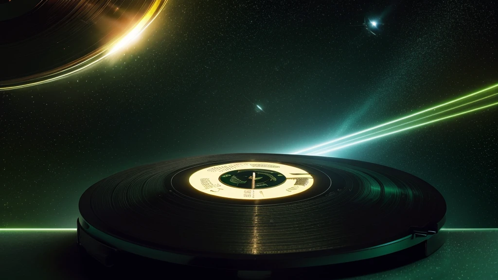 Poster Style,Brighter green background,Vinyl record combined with clock,Half record, half clock,Reflecting the sense of time travel,Golden text effect for English title on the right,There is a halo of light around the record similar to a black hole,Extremely high definition picture quality,quality,Real texture,Sci-fi style,A little bit of starry sky elements