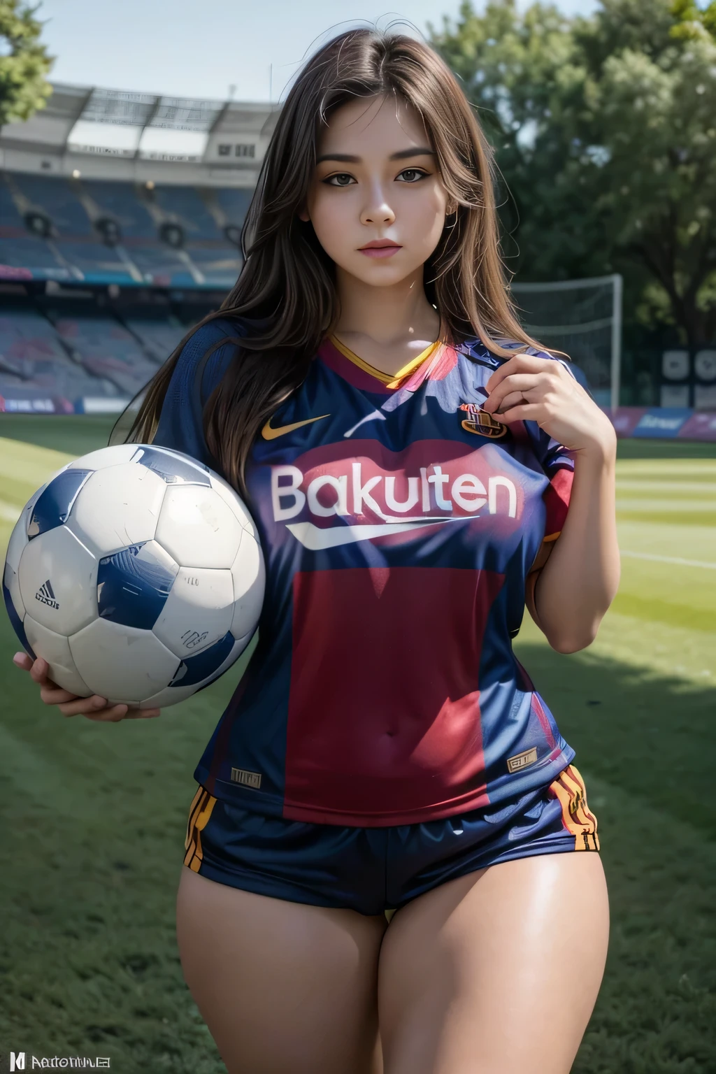 A beautiful girl wearing Fc Barcelona jersey with soccer ball in hand,cutecore, beautiful eyes, thick thighs, gorgeous body,sexy, curvy,4k, ultra detailed