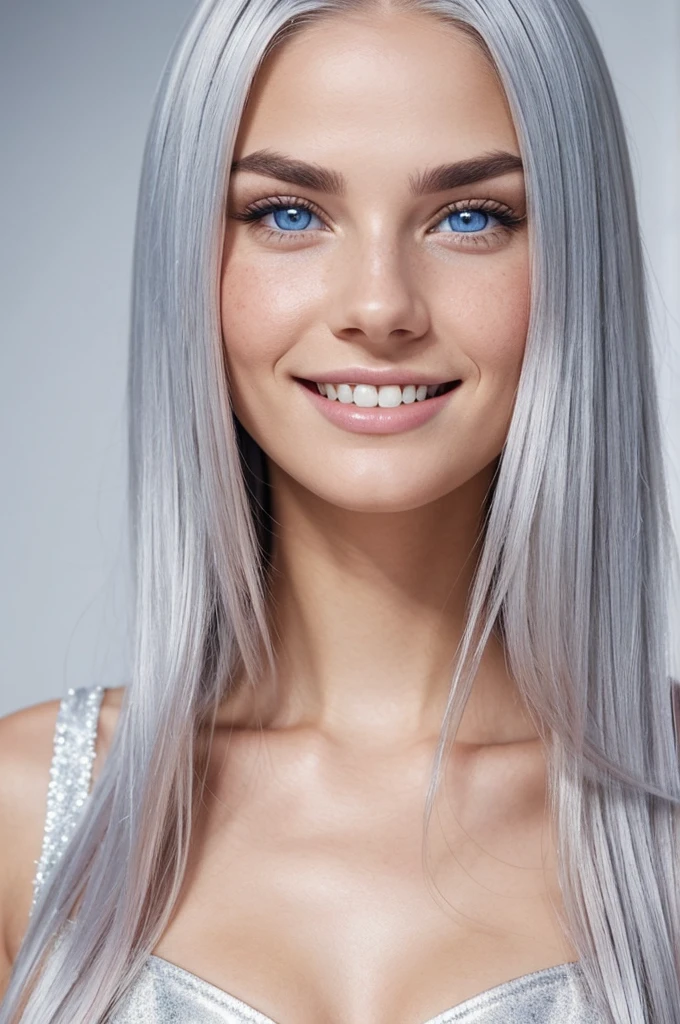 silver hair, straight, measuring up to the waist, abundant and very beautiful almond and blue eyes very beautiful and hypnotizing, very white and freckled skin, a profiled face, a very cute upturned nose, oval, full lips with a natural pink, white teeth, aligned and sharp fangs, thick but defined silver eyebrows, long thick eyelashes, dimples on the cheeks when smiling