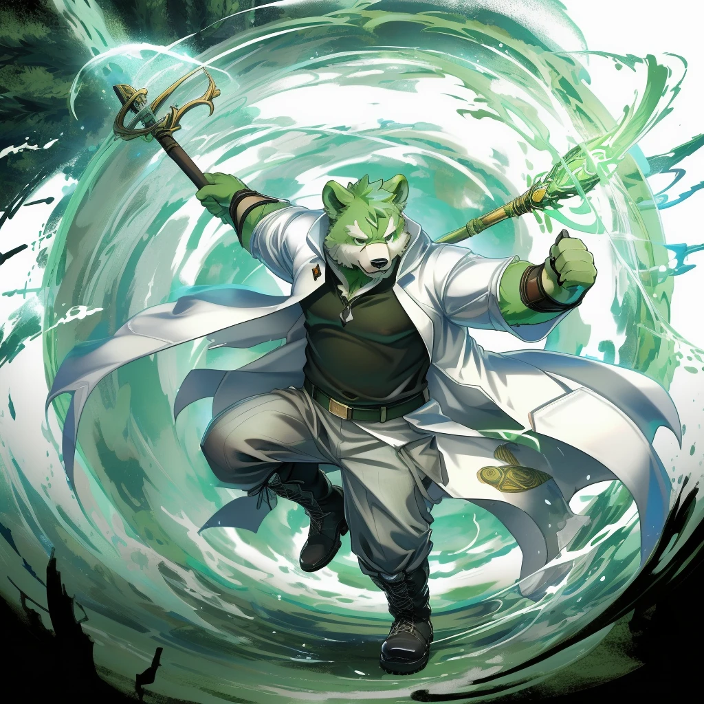 anthro, kemono, male, solo, (((anthro bear))), (((green bear))), (((green fur))), green hair, red eyes, beard, white eyebrows, mature, white background, mage staff, magic, ((((black t-shirt inside), (((white long coat unhooded))), gray trousers, military boots))), full body, splash art, (((action pose))), mage pose,