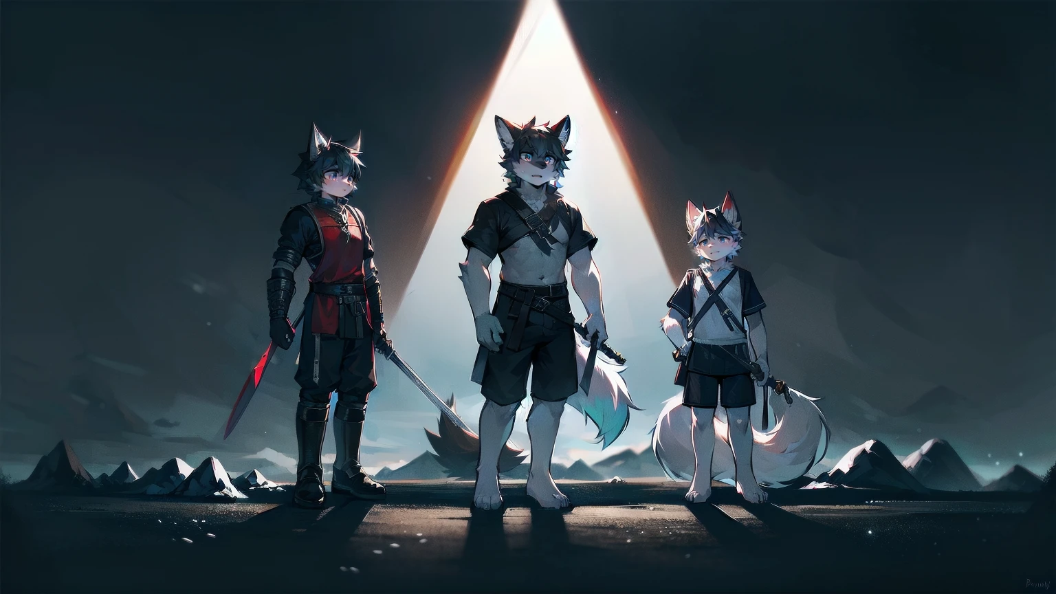 White Wolf，black hair，Sky blue eyes，hairy，Wolf ears，Wolf tail，Full body portrait，The character is in the center of the frame，Handsome，Confident eye***but，juvenile，Black and white combat uniform，Red neck bib，Black shorts，Short sleeve，hairy arms and legs，Dark background，Dark battlefield，dawn，sunrise，dawn，illumination，shadow，Swordsman，Scabbard and Hold the hilt of a in your hand，The scabbard is at the waist，Highest quality,A tall stature