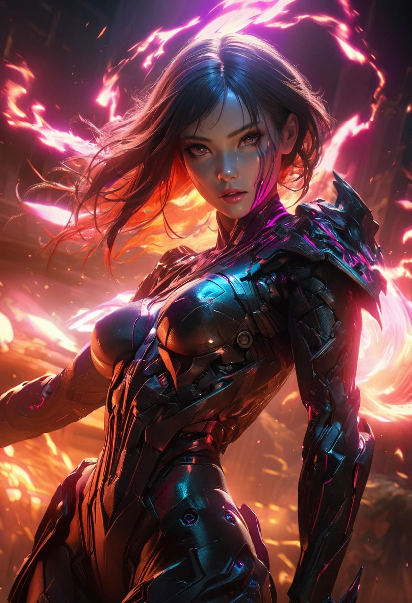 A cyborg girl with fire elemental, holding a sword, intricate detailed face, hyperrealistic, cinematic lighting, dramatic pose, fantasy, sci-fi, concept art, volumetric fog, glowing energy aura, ultra detailed, 8k, photorealistic, sharp focus, vibrant colors, chiaroscuro lighting