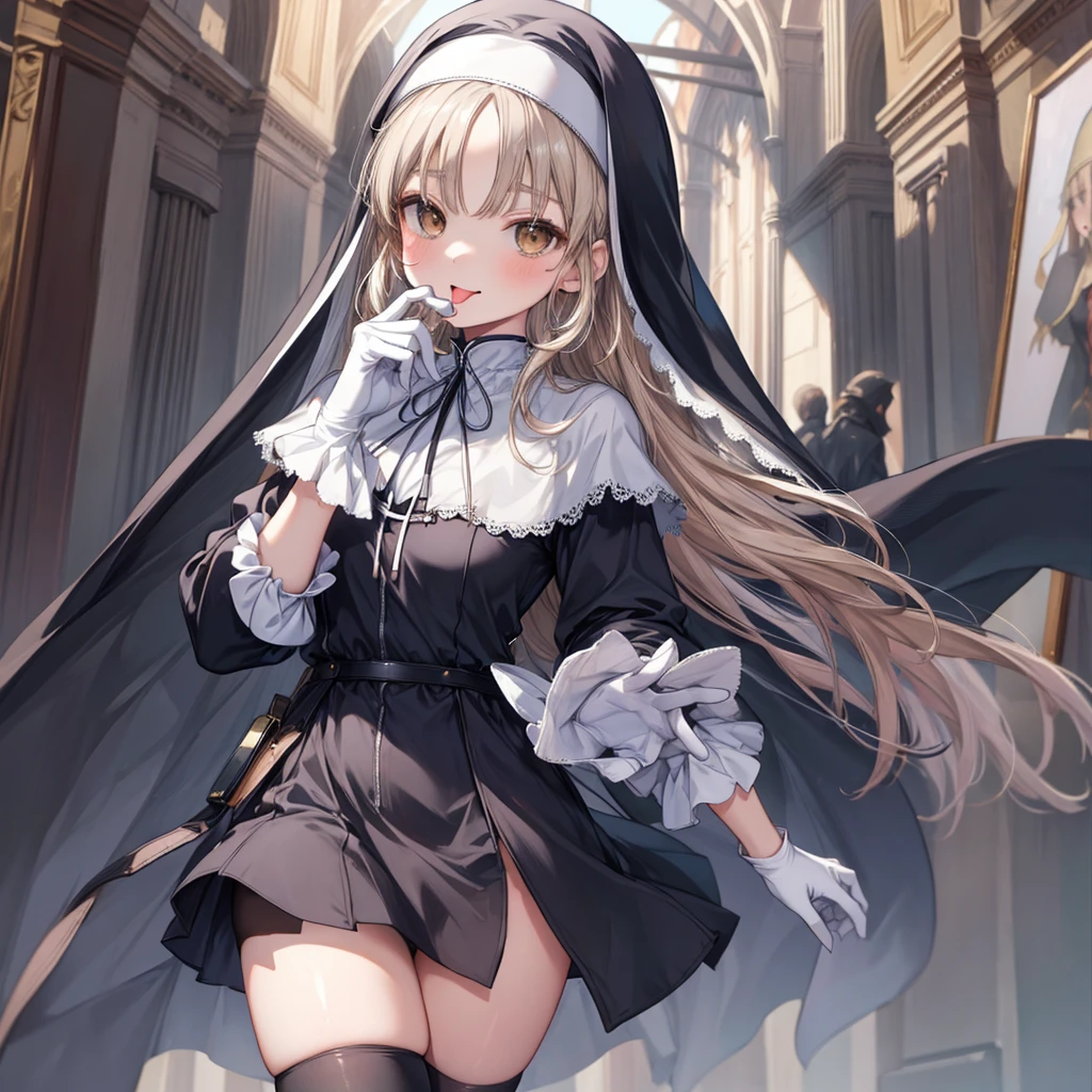 ((Highest quality)), ((masterpiece)), (detailed), (nsfw), a painting that is a woman dressed in clothes a nun or something, 1girl, 独奏, long hair, nun, dress, thighhighs, gloves, White Capelet, white gloves, tongue out, brown eyes, looking at viewer, tongue, black thighhighs, blush, black dress, long sleeves, capelet, bangs, milk wet