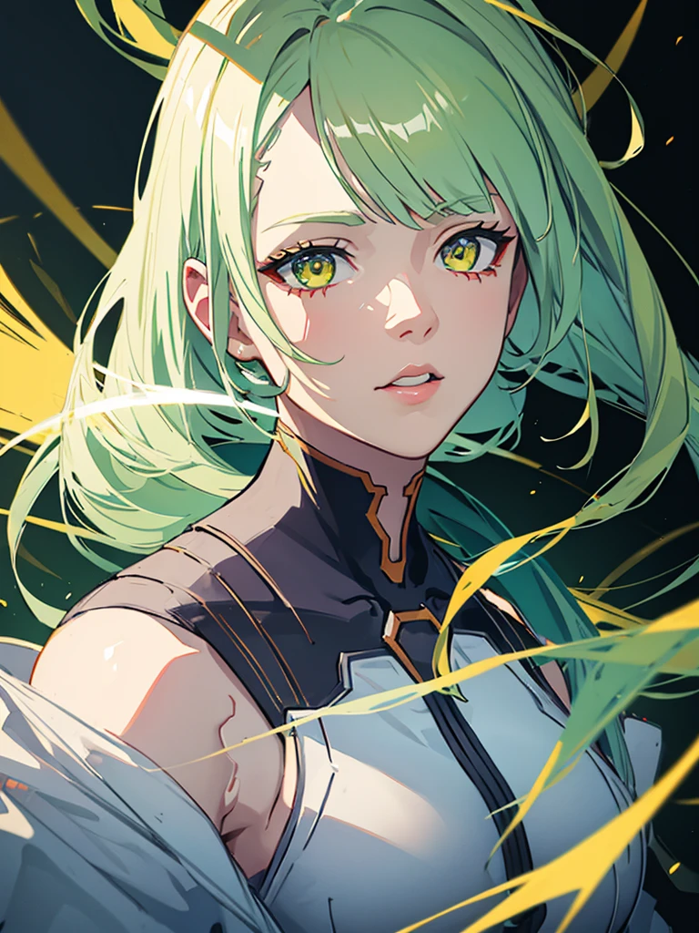 1girl,,green hair,yellow eyes,low ponytail,white suit,green overall,upper body,hyper detailed,cinematic lighting,highly detailed facial features,extremely detailed eyes,beautiful detailed lips,beautiful detailed nose,best quality,masterpiece:1.2,professional