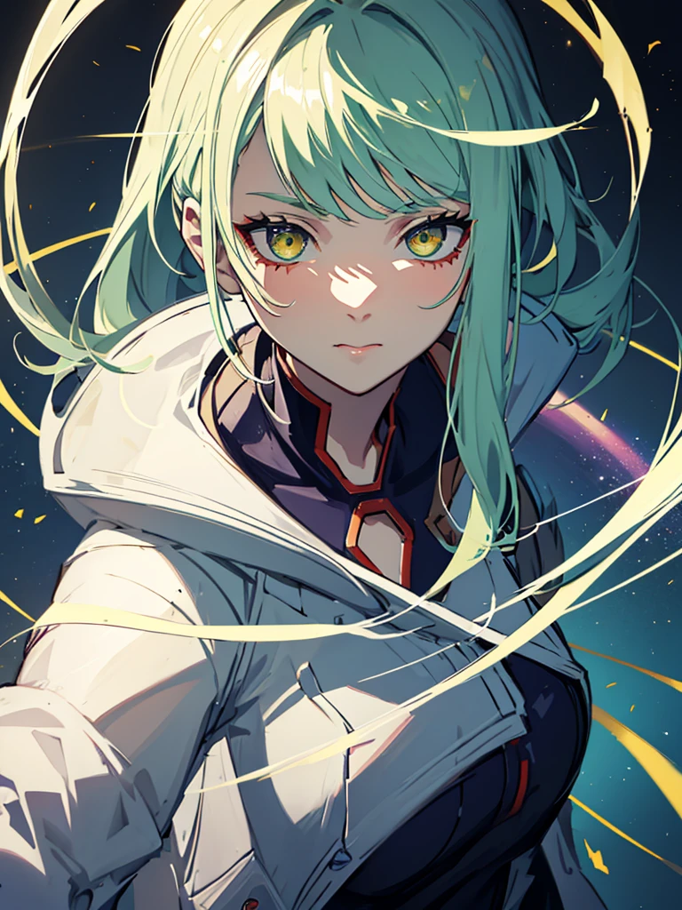 1girl,,green hair,yellow eyes,low ponytail,white suit,green overall,upper body,hyper detailed,cinematic lighting,highly detailed facial features,extremely detailed eyes,beautiful detailed lips,beautiful detailed nose,best quality,masterpiece:1.2,professional