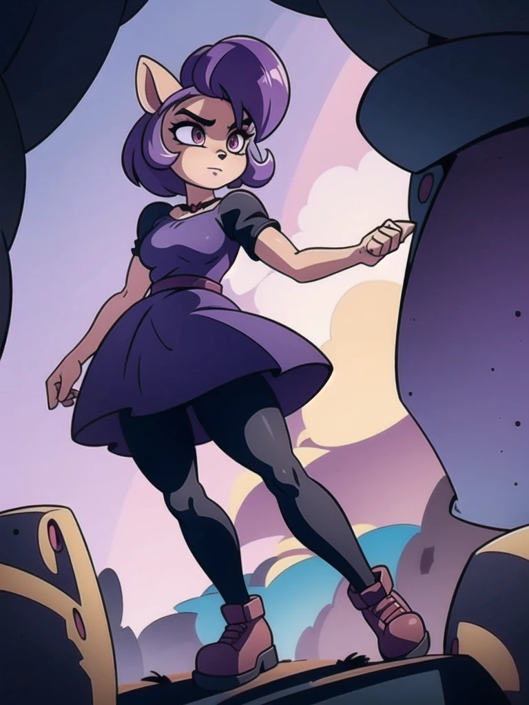 A dark anthro bandicoot girl with beautiful detailed eyes, purple hair, wearing a dark dress, dark glovers, dark skirt, dark tights, and combat boots, beautiful furry girl dark dress, dark glovers, dark skirt, dark tights, and combat boots,