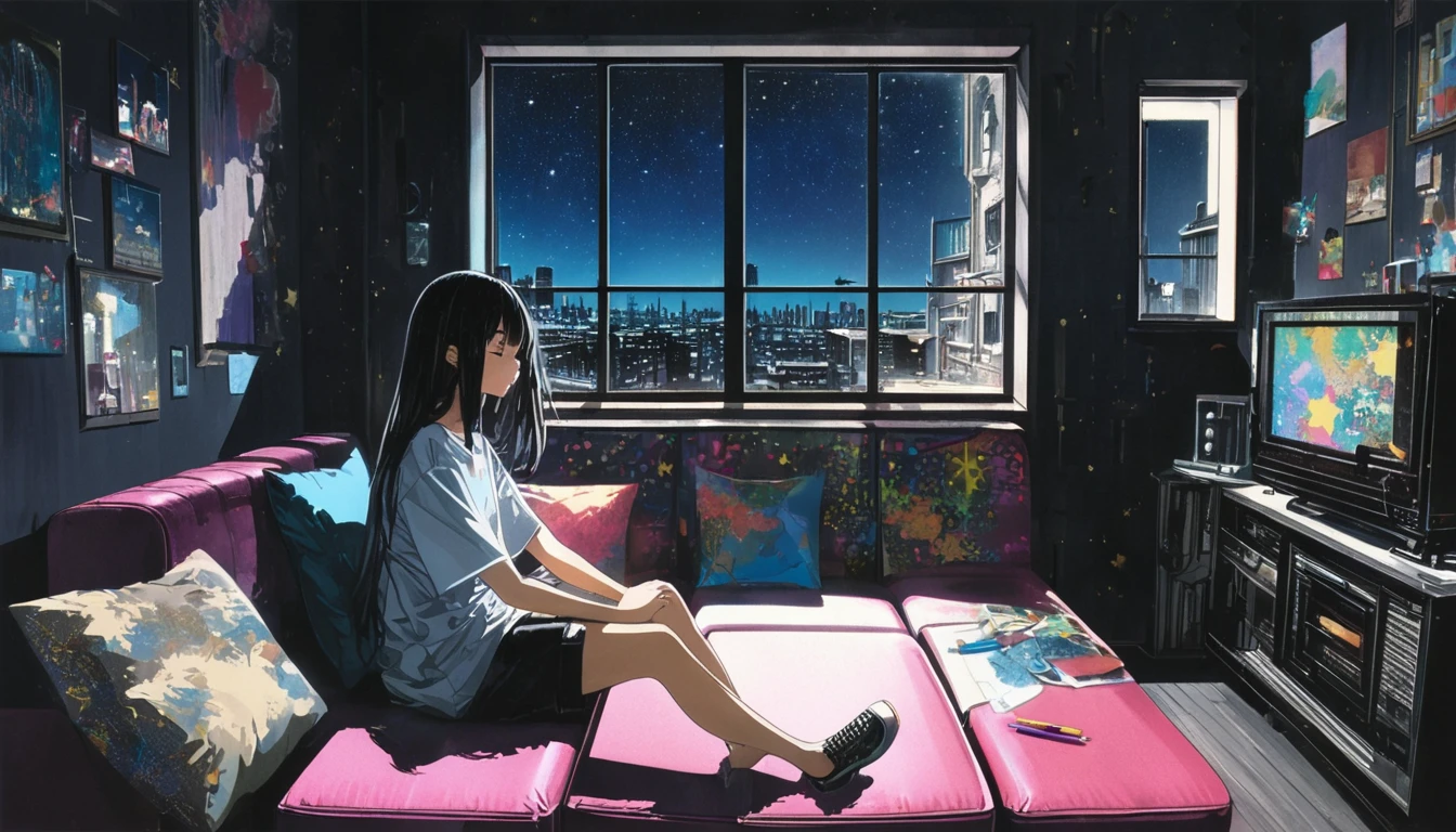 Super detailed:1.3, (Absurd, texture, masterpiece), pixiv Contest Winner, John Berkey, Dynamic cartoon style illustration,Oversized T-shirt、stand lighting、Colored pencil style、Long black hair、play the guitar、sofa、kitten、Night Sky、star、Room with a window、High precision、detailed、８K,Sitting with legs crossed, Starry sky inner hair,Dark aesthetic,Euphoric,Oversized T-shirt,Black shorts,Beautiful woman,Old alley background, Dozing off,Crayon colored Zentangle,overview,Anime key visual,