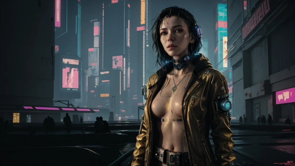(((cyberpunk style))), wallpaper of a female Astronaut on a dangerous planet, Bill Henson, standing on top of a mountain, hyper-detailed face, black hair, realistic golden eyes, sensual body, hyper-detailed , 8k resolution