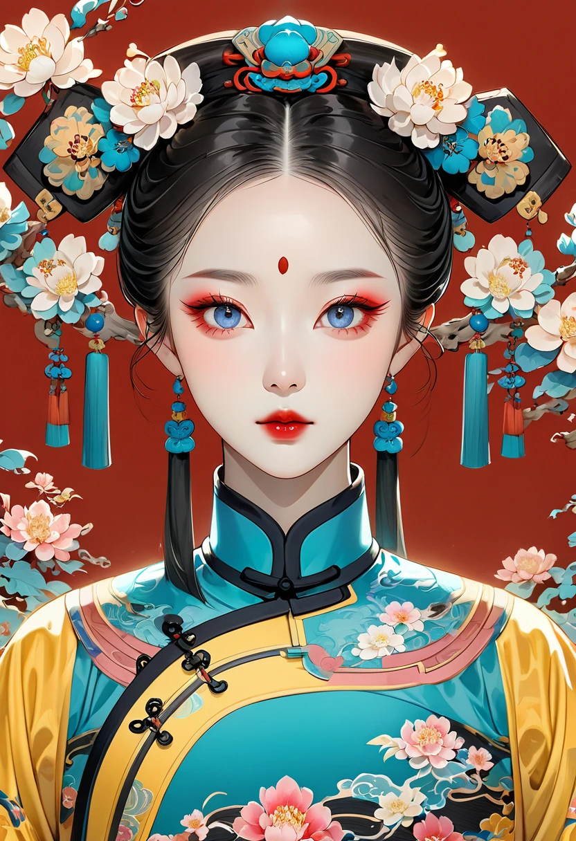 Makeup for Qing Dynasty Palace Drama,Thick coating of the board,Colored pencils,Procreate board drawing beautiful digital art,Clean lines,Beautiful Chinese Qing Dynasty Princess,Bright Eyes,Exquisite facial features,(((Qing Dynasty Gaoqitou,Flowers))),symmetry,(Qing Dynasty Clothing,White Hualong),Bright colors,High Saturation,Solid red background