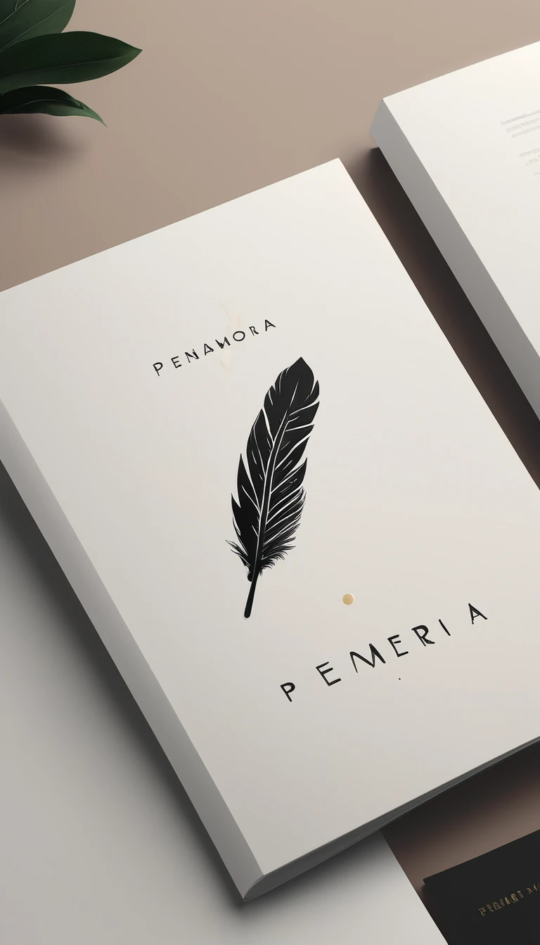 A minimal, modern, simple, cinematic logotype for the brand “Penamemoria". The logotype must be a simple, magical feather and a boy playing acoustic guitar. The logo must convey a sense of music, stories and dreams. Logo design impressed on a book cover. Minimalistic logo
