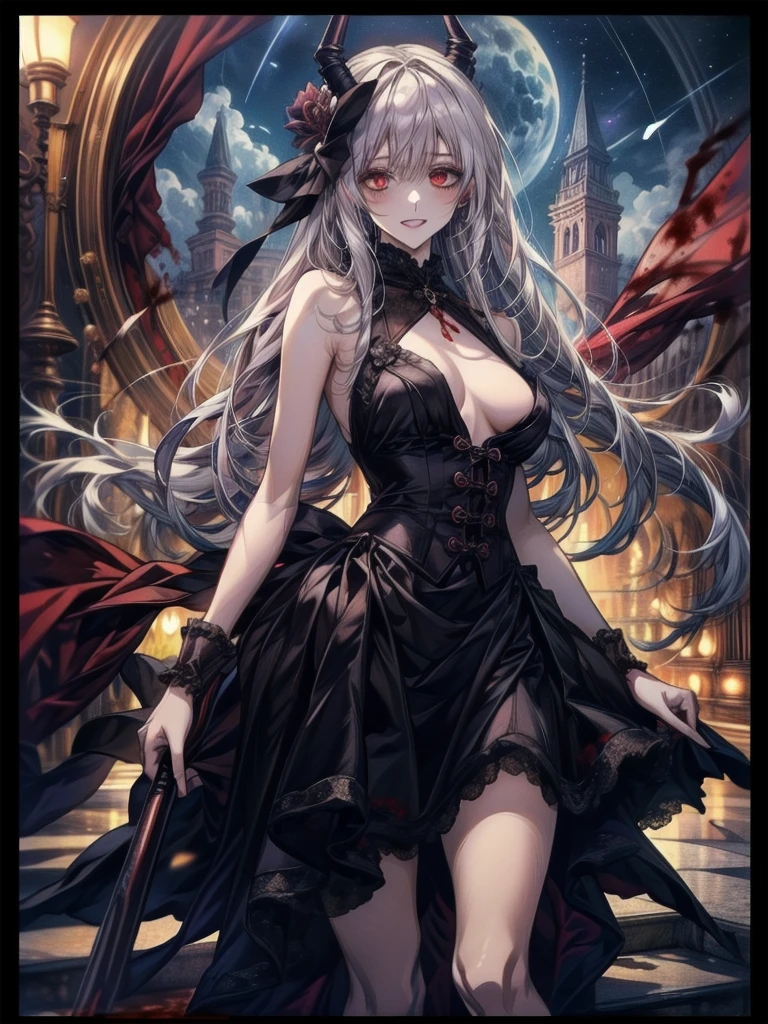 死んだ腐ったBloodに飢えた邪悪なzombie, Girl Venom, 黒い共bornborn物が付着している, Bloodまみれの, Evil look, Psychopathic, Torn clothes, Torn costume, sexy, reveal, Combat Stance, Very detailed, Vibrant appearance, Creative Action, Very detailed, Imaginative, Sensual, Voluntary, Small breasts, sexy, reveal, Highest quality, skinの質感, Intricate details, (Highest quality, masterpiece, 超High resolution), (8k wallpaper, High resolution, High resolution, born), (credibility: 1.4), (whole bodyショット), One girl, ((Anime Girls)),,(Bloodしぶき:1.6), ((Fantasy Witch Costume)), ((Flowing white hair)), ,(Bloodしぶき:1.6),Female curves, Large Breasts, Thick thighs, sexyな平らなお腹, 完璧なhand, 完璧なアニメのface, ((dark ta dress)), Are standing, ((Wicked Smile)), ,(Bloodしぶき:1.6),In the Victorian city, gaslight, Steam circulates, Moonlight Illumination, night間照明, A sky filled with stars and galaxies,disaster々new devil horns,,(Bloodしぶき:1.6),アニメzombie魔女デザイン, ねじれた笑face、Bloodまみれの、頭からの出Blood、Bloodしぶき、,(Bloodしぶき:1.6),Crossbones, skull, Streetwear Design, Provector, Horror Style, Full Design, Huge breasts, Very detailed, Realistic, Dark fantasy, Gloomy atmosphere, Intricate details, Crazy Smile, 狂ったeye, A cute and luxurious hair band,(masterpiece:1.2, Highest quality), Scary atmosphere、Distorted facial expressions、Horror Art、Bloodの雨、Bloodを流す、Bloodしぶき,(Bloodしぶき:1.6),悪魔のeye、redいeye、scar、火scar、whole body、Torn hair of a woman dressed in slave clothing、（Long Hair）、（eyeにかかる長さの前髪）、Black Hair、（（（eyeの下のクマ）））、青白いskin、Feeling unwell、Pathological、邪悪な笑face、狂ったeye、（Grin）Dramatic makeup，Create mixed media art、,Horror 1 Girl, Open_mouth, , red_eye, Blood, Tilt_red_skin, Injury, Blood_in addition_face, Bandaged_arm, Blood_in addition_zombie, Blood_in addition_hand　, Open your eyelids wide, The trend is all, mouthを大きくOpen, mouthを開けてteethをむき出しにする,獣のような鋭いteeth, Wide lips, 非常に広いmouth, Vermilion cheeks, blonde, ,(Bloodしぶき:1.6),Princess Cut, Ribbon hair ornament, brooch, Otaku Room, Well-built body, Nice body, Ample breasts, Thick body,eyeを大きく開いて、Scary atmosphere、Distorted facial expressions、ねじれた笑face、Bloodまみれの、頭からの出Blood、Bloodしぶき、whole body、,(Bloodしぶき:1.6),Long Hair、Long bangs、Well-built,Broad shoulders,I focus,(face),Messy Hair,いeye,(光るeye),red信号,笑face,big 笑face,teeth,psycho 笑face,gesugao,Dark city background,darkness,night,(close),良いeye, 良いteeth,サディスティックな笑face,,all,光沢のあるskin,詳細なface,Beautiful body,　mouthからの白い息　Luxurious lace long gloves