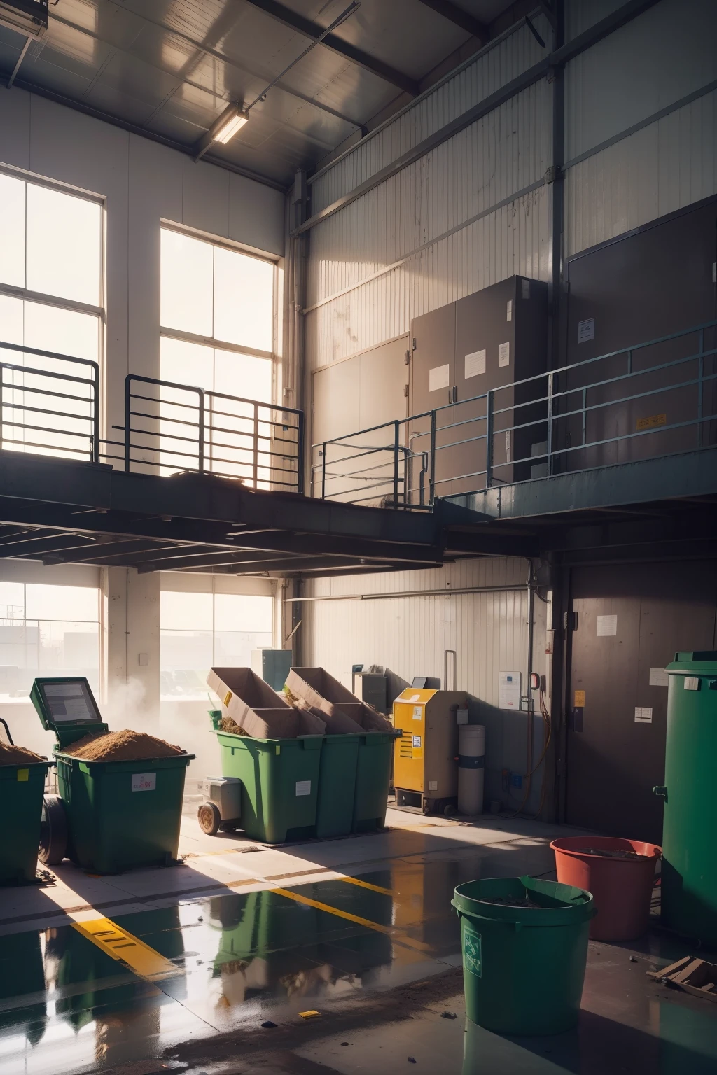 Waste Management Mockup: In this detailed illustration, a modern waste management facility is depicted. The scene features an advanced sorting system, with various waste streams being separated and processed. You can see recyclable materials being sorted and baled, organic waste being composted, and non-recyclable waste being prepared for disposal. Workers in protective gear are operating the machinery, ensuring the safe and efficient operation of the facility. The overall atmosphere is that of a clean, orderly, and high-tech operation, dedicated to the responsible management of waste.