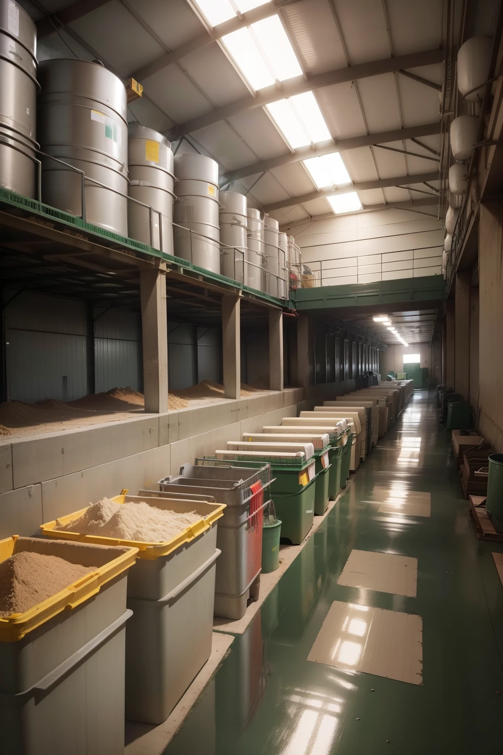 Waste Management Mockup: In this detailed illustration, a modern waste management facility is depicted. The scene features an advanced sorting system, with various waste streams being separated and processed. You can see recyclable materials being sorted and baled, organic waste being composted, and non-recyclable waste being prepared for disposal. Workers in protective gear are operating the machinery, ensuring the safe and efficient operation of the facility. The overall atmosphere is that of a clean, orderly, and high-tech operation, dedicated to the responsible management of waste.