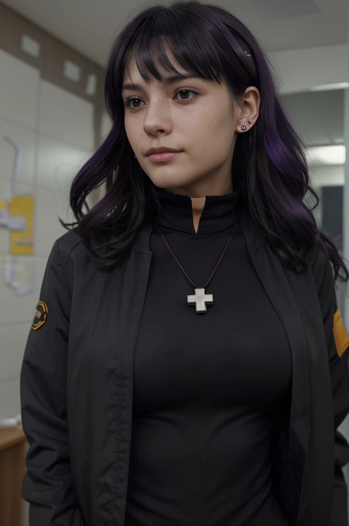 (ultra realistic,32k, masterpiece:1.2),(high detailed skin:1.1),( 8k uhd, dslr, high quality:1.1),
 misato, black eyes, parted bangs,black-Purple hair,  long hair, earrings, cross necklace, red jacket, long sleeves, black dress, , (huge breast:1.1), 
(looking at viewer, Bend forward:1.1),
,(soft shaded:1.1),neural implant clinic, cutting-edge brain implants, memory enhancements, cognitive upgrades