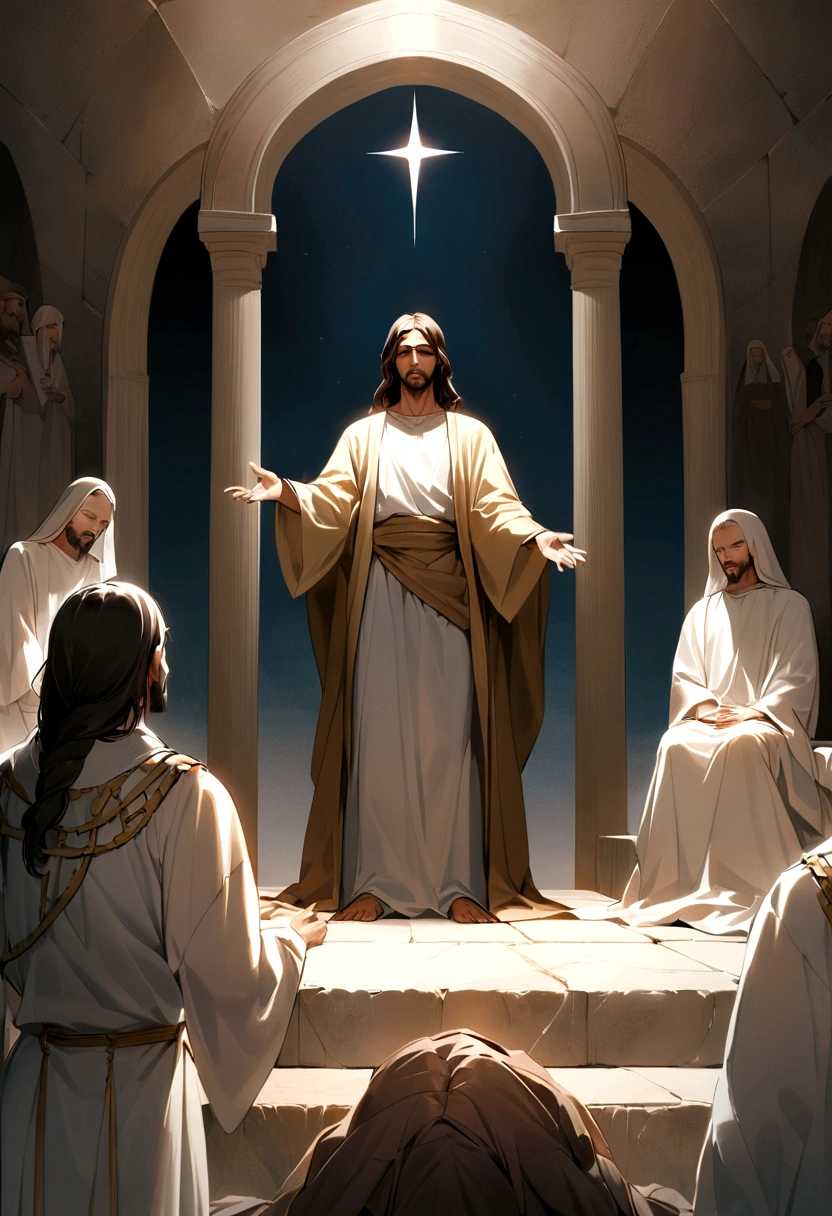 Jesus meeting two men possessed by demons on the path next to the tombs, who prostrated themselves at the feet of Jesus and cried out with a loud voice what do you want with us Jesus son of the most high God
