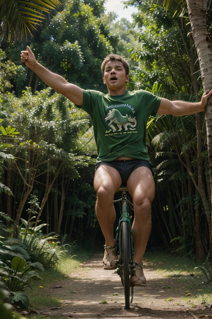 A 10 year old  is riding a tirex dino saurus wearing a green Tarzan shirt with a stocky, muscular body against the background of being chased by tirex in a realistic 3d amazone forest 