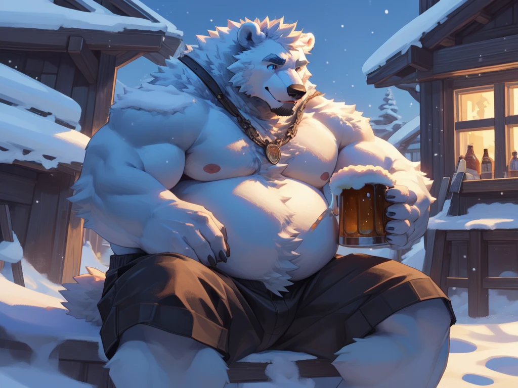 lucusold, lanxus, a man with a huge belly, furry white bear, polar bear, fat ripped:1.2, chubby, more chubby, smile, sitting in front house, Atlantic, snow, beer, holding beer, thicc, lowres, giant and fat, danbooru and artstation, heavy detailed, insanely inflated hips, topless, shorts, proportionally arms, fluffy chest, commission for high res, detailed but rough, semirealistic:1.3
