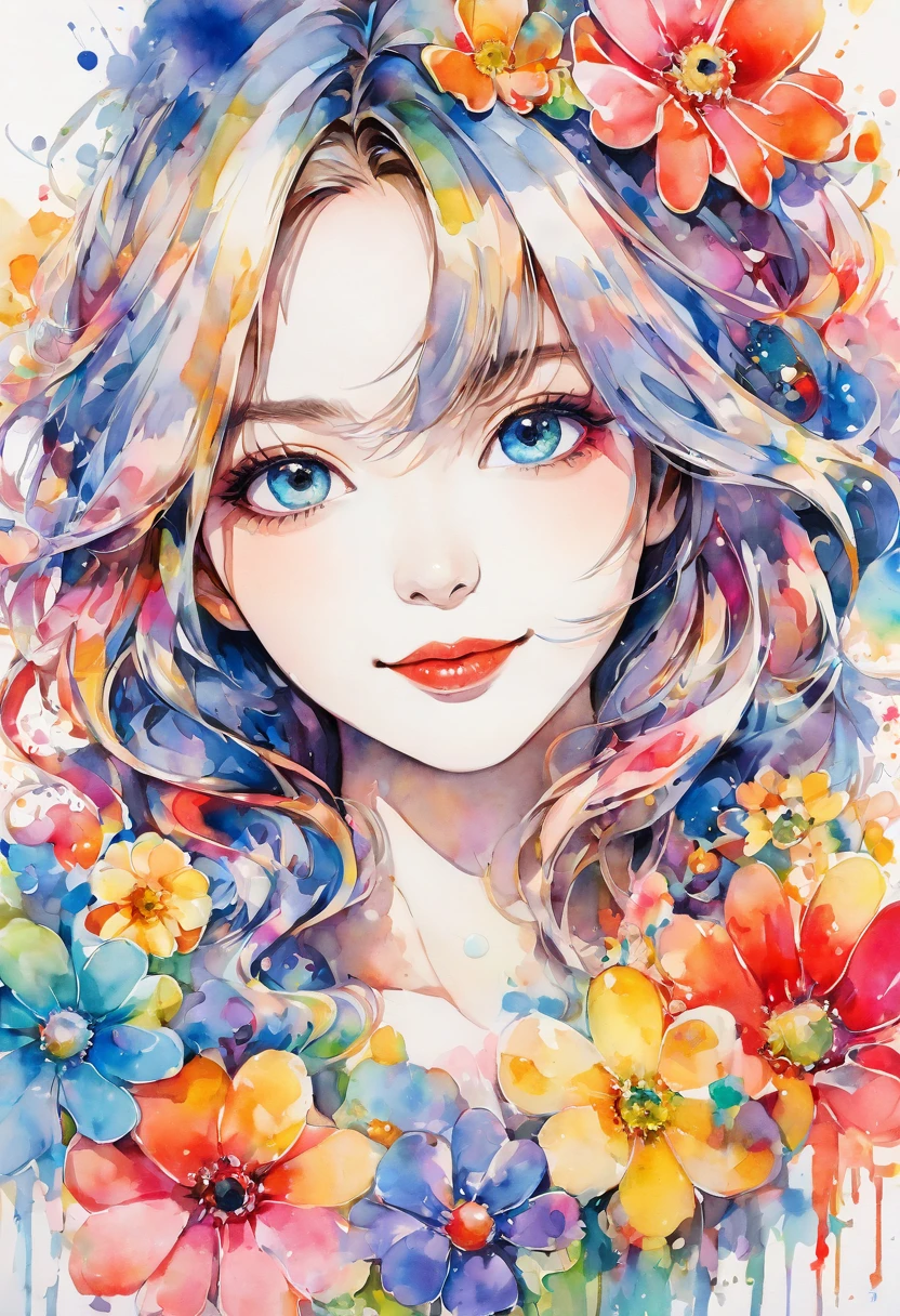 beautiful woman portrait, cute smile, Sylvia Pelissero watercolors, colorful flowers, beautiful eyes, upper body, abstract art, intense watercolor, watercolor detailed art, watercolor splash, surreal, avant-garde pop art, Beautiful and expressive paintings, Beautiful artwork illustration, very colorful tones, wonderful, cool beauty, highest quality, official art, women only, sharp outline, best shot, vector art, lips in love、 (((The strongest beautiful women of all time))), (((Japanese)))、clear, (((highest quality))), lips in love, HDR, ((Detailed details)), stylish fashion, detailed clothing texture, (((graffiti art))), colorful hair, ((masterpiece))、((Super detailed))