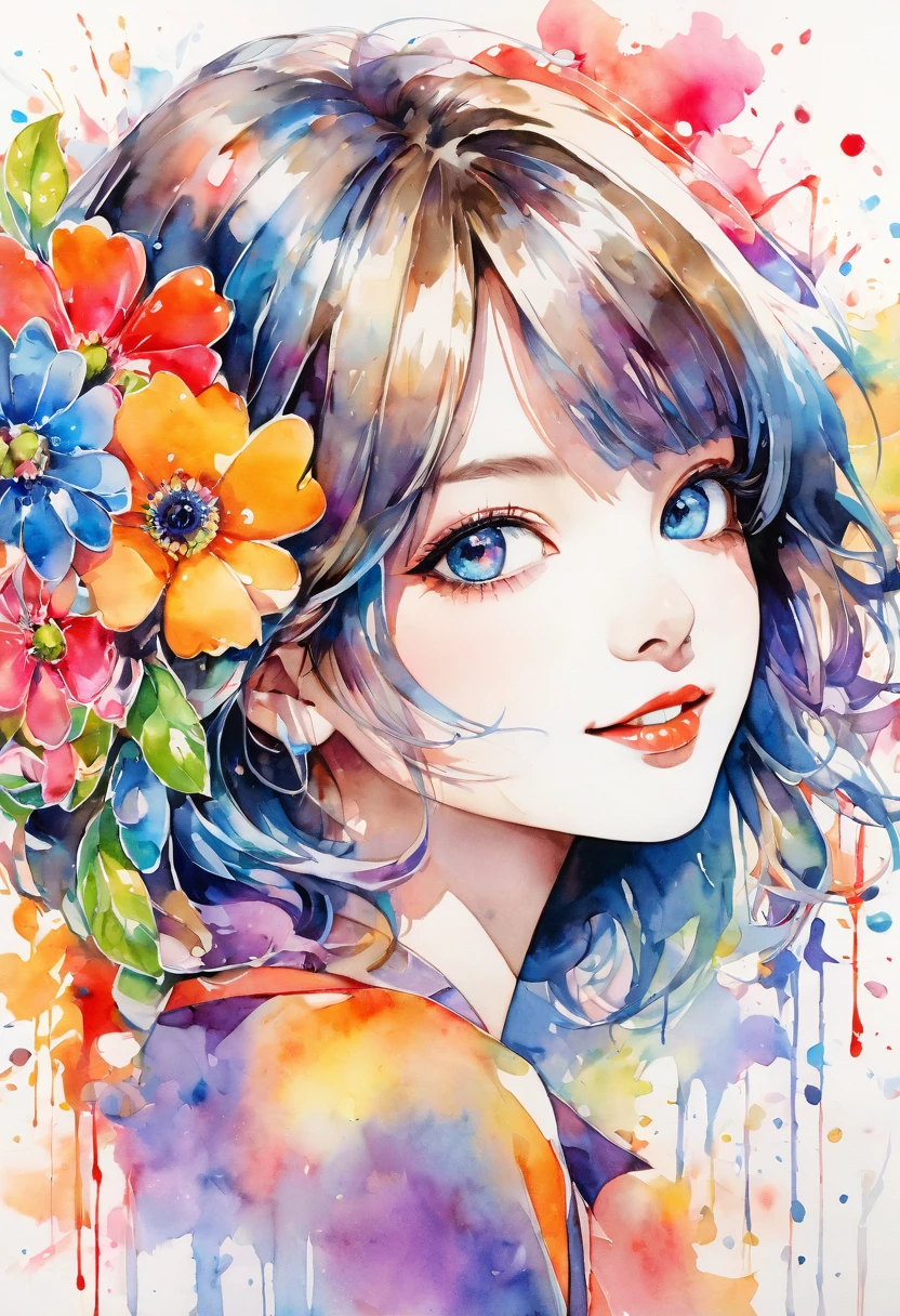 beautiful woman portrait, cute smile, Sylvia Pelissero watercolors, colorful flowers, beautiful eyes, upper body, abstract art, intense watercolor, watercolor detailed art, watercolor splash, surreal, avant-garde pop art, Beautiful and expressive paintings, Beautiful artwork illustration, very colorful tones, wonderful, cool beauty, highest quality, official art, women only, sharp outline, best shot, vector art, lips in love、 (((The strongest beautiful women of all time))), (((Japanese)))、clear, (((highest quality))), lips in love, HDR, ((Detailed details)), stylish fashion, detailed clothing texture, (((graffiti art))), colorful hair, ((masterpiece))、((Super detailed))