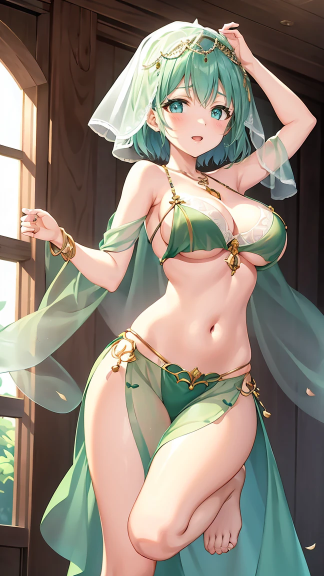 Girl with short green hair, Small breasts, Green Eyes, White Casual Wear Beauty Special、((((tits)))),Full body photo from head to toe、Belly dance、Dancer、National costume、See-through、Angle Shot、Decoration、Luxury accessories、Face Veil、Dancing by rotating on one foot、