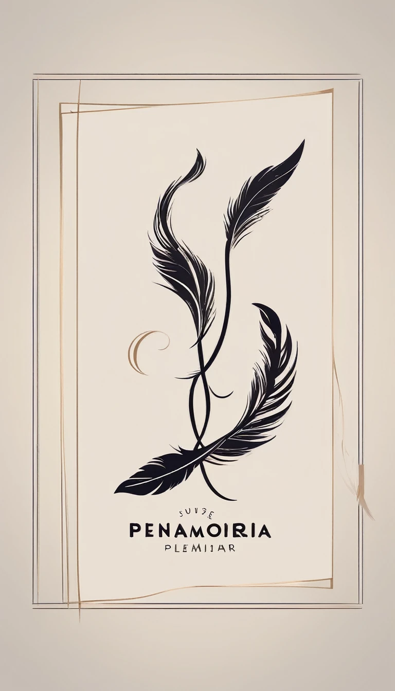 A minimal, modern, simple, cinematic logotype for the brand “Penamemoria". The logotype must be a simple, magical feather and a boy playing acoustic guitar. The logo must convey a sense of music, stories and dreams. Logo design impressed on a book cover. Minimalistic logo
