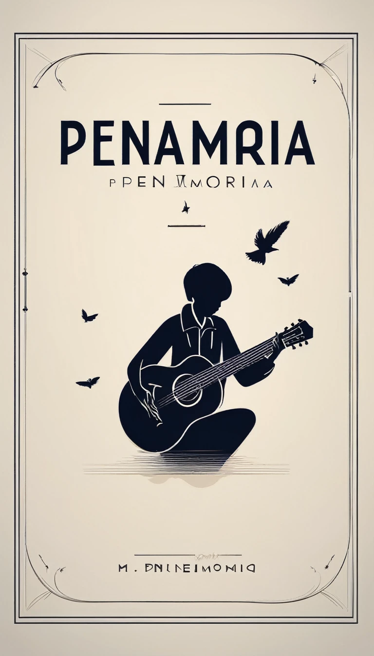 A minimal, modern, simple, cinematic logotype for the brand “Penamemoria". The logotype must be a simple, magical feather and a boy playing acoustic guitar. The logo must convey a sense of music, stories and dreams. Logo design impressed on a book cover. Minimalistic logo