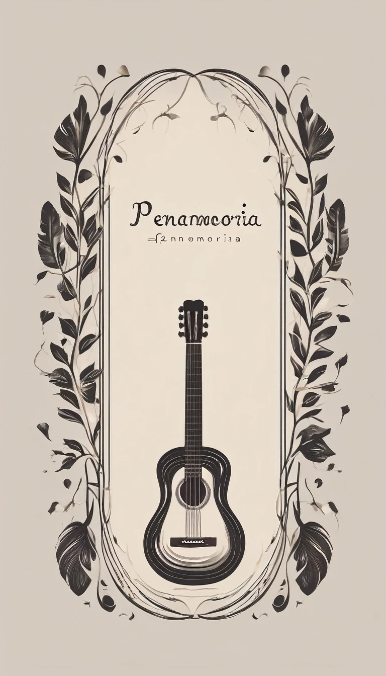 A minimal, modern, simple, cinematic logotype for the brand “Penamemoria". The logotype must be a simple, magical feather and a boy playing acoustic guitar. The logo must convey a sense of music, stories and dreams. Logo design impressed on a book cover. Minimalistic logo