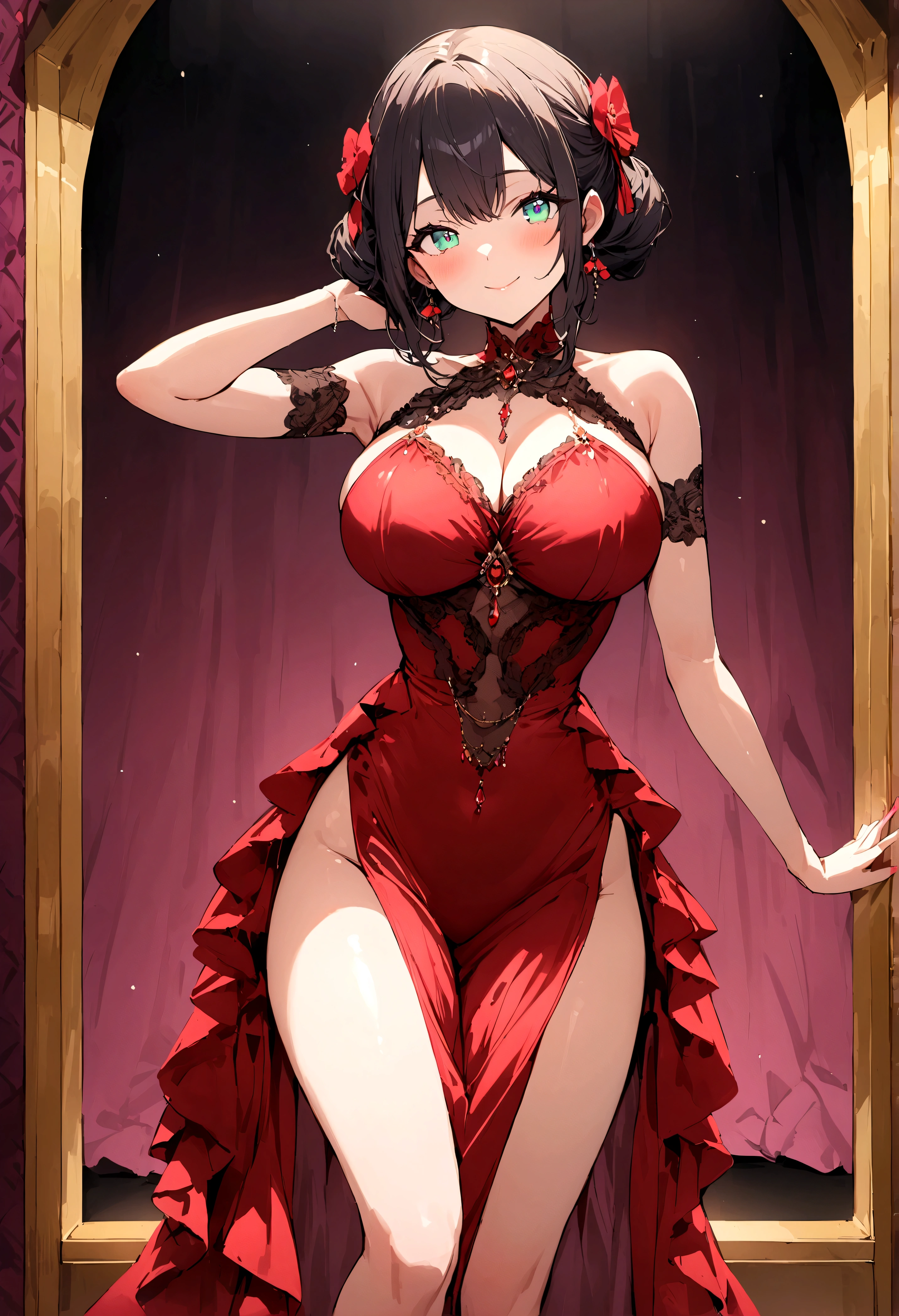 masterpiece、masterpiece、girl、Feel free to hairstyle、Clear eyes、smiling and looking at audience、Perfect proportion、full-body shot、Large Breasts、Dress up the silk doll、Sexy pose、The background is a private room