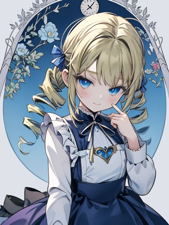 masterpiece, Highest quality, Very detailed, 16K, Ultra-high resolution, Cowboy Shot, Alice in Wonderland, (art nouveau:1.4), 10-year-old girl, Detailed face, Mischievous Smile, blue eyes, Blonde, (mega twin drills:1.4), Ribbon on head, Blue clothes, Plain white apron, 大きなclockのある部屋で, clock, 壁clock