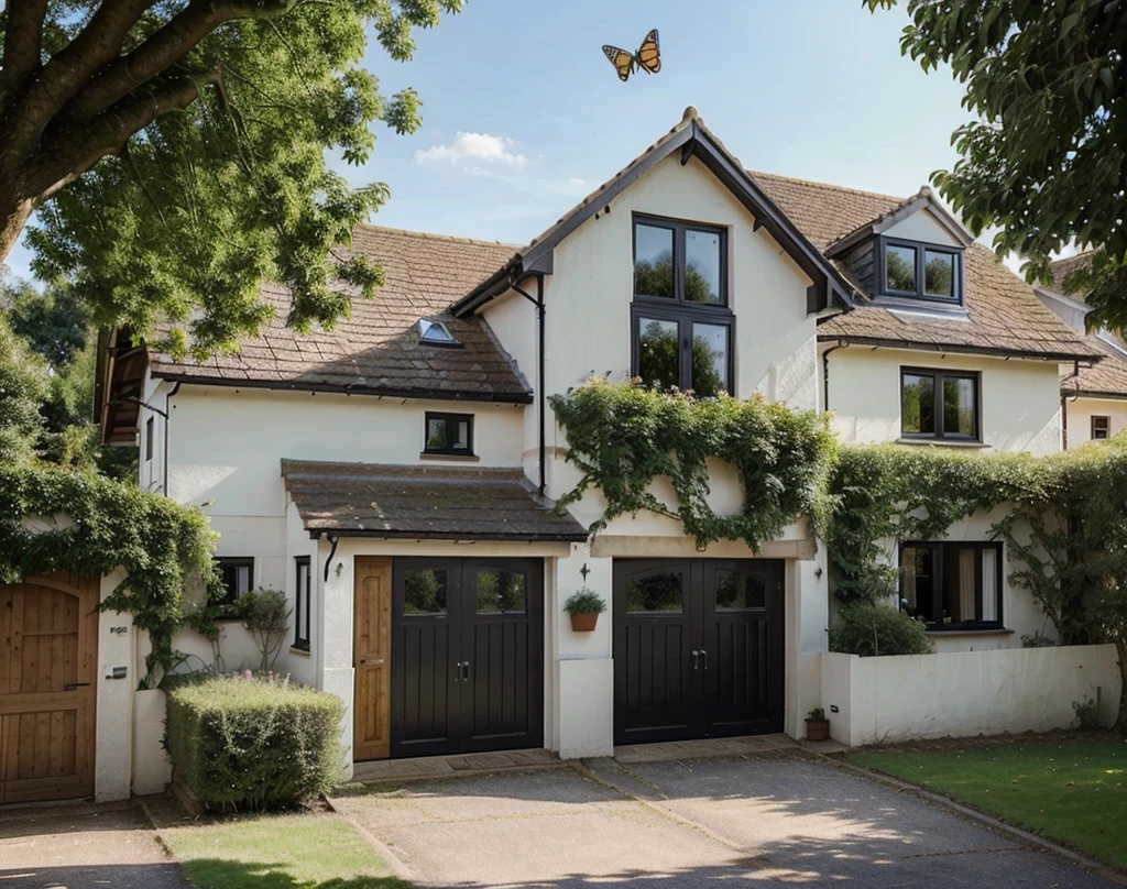 Draw a beautiful three bedroom house in small English town, with beautiful nature and birds. House also has a garage at the end of the driveway. Big window on the first floor