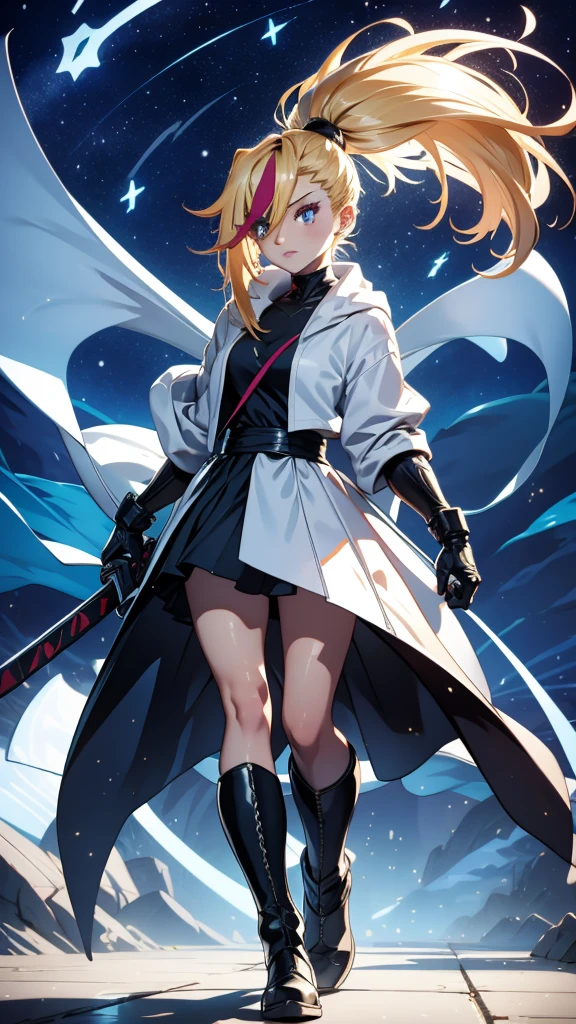 1 girl, ultra long hair, ultra detailed face, glowing lips, glowing blue eyes, very long ponytail, elegant walk, catwalk, holding down a giant katana, blonde, long eyelashes, long boots , looking to the sky, starry sky, a ultra giant katana