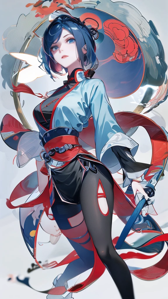 Masterpiece, Best quality, 1 Ji Ruxue, the expression is cold, strong, blue eyes, short hair, wolfcut hairstyle, smoky mix blue color hair, resolute eyes, red lips, simple Taoist Taoist uniform, Chinese mix morden, frontal photo, black or white background, simple background, anime, illustration, Chinese style short-sleeved shirt, cool girl, Fullbody, full HD