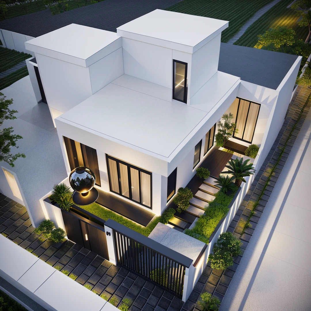 Minimalist modern architecture, The main materials of the house include white walls, stone cladding, trần ốp gỗ, glass railing, hình ảnh chân thực, extremely detailed, a modern house, 1 road in front of the house, Large yard made from ceramic tiles, brick fence, grass, go bông hoa nhỏ, a road in front of the house, The main materials of the house are white walls and bricks, trần ốp gỗ, Modern design, blue sky, (warm light from inside 1.2), Dynamic lighting, sparkling light, cinematic lighting, how to read it mạn, (((night light, warm light)))