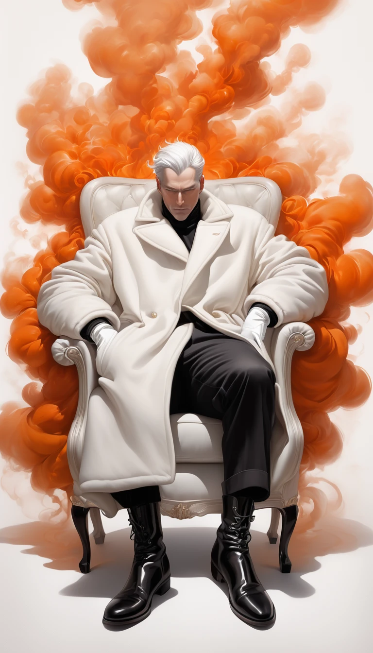 In a completely white room sits in a chair facing you, face down, a man wearing pants and a thick cotton long-sleeved coat with long sleeves and white gloves and shiny black boots. From its white head, orange smoke flow emanates 
