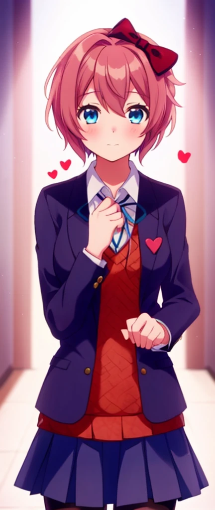 one girl, Sayori, DDLC, Doki Doki Literature Club, hair bow, short hair, school blazer, positive girl, light blue eyes, fascinating, my girlfriend, date with her, heart mark, ecstatic, shy, skirt