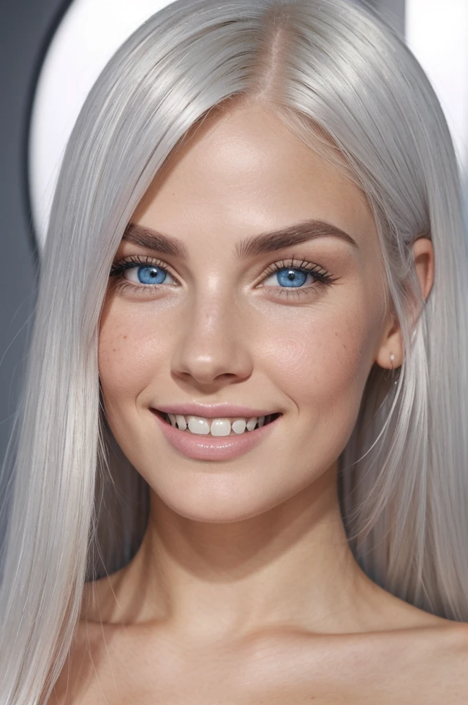platinum hair, straight, measuring up to the waist, abundant and very beautiful, very beautiful almond and blue eyes, very white and freckled skin, a profiled face, a very cute upturned nose, oval, full lips with a natural pink, white teeth, aligned and sharp fangs, thick but defined silver eyebrows, long thick eyelashes, dimples on the cheeks when smiling