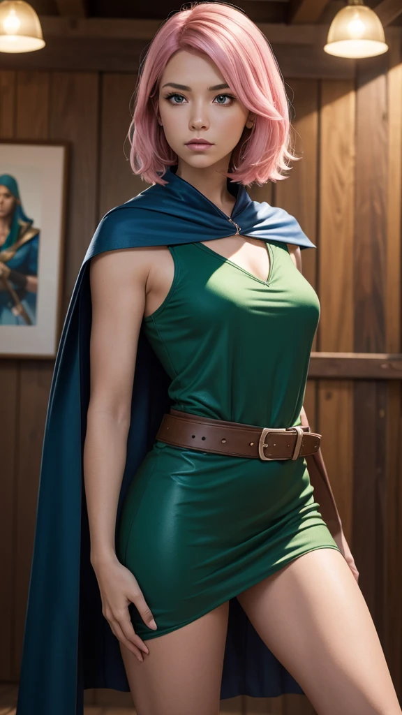 a determined female archer with pink hair and bangs, square cut hairstyle, big blue eyes, arrow holder on the back, wearing a short sleeveless green dress, green cape, barefoot, big leather belt, (best quality,4k,8k,highres,masterpiece:1.2),ultra-detailed,(realistic,photorealistic,photo-realistic:1.37),dynamic point of view,clash royale character,studio lighting,vivid colors,sharp focus