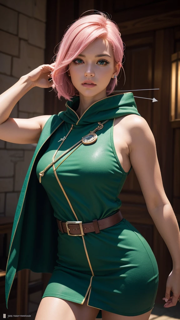 a determined female archer with pink hair and bangs, square cut hairstyle, big blue eyes, arrow holder on the back, wearing a short sleeveless green dress, green cape, barefoot, big leather belt, (best quality,4k,8k,highres,masterpiece:1.2),ultra-detailed,(realistic,photorealistic,photo-realistic:1.37),dynamic point of view,clash royale character,studio lighting,vivid colors,sharp focus