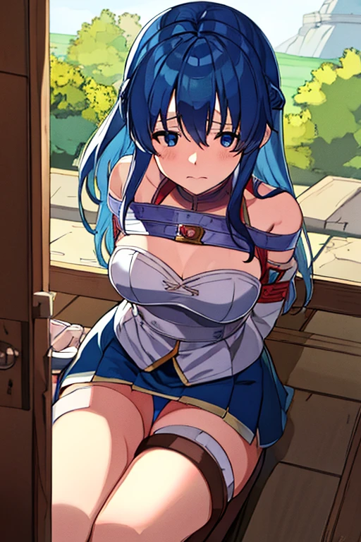 high resolution、8K、Delicate、Fantasy、Fire Emblem、Blue mini skirt、nsfw、Sad expression、White underwear is visible、Bondage、Hands behind back、Lock、handcuffs、Being taken away by enemy soldiers、Dark basement
